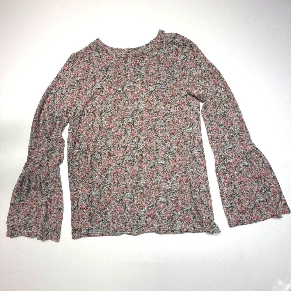 Lucky Brand Floral Bell Sleeve Top Women's Medium Boho Knit Blouse